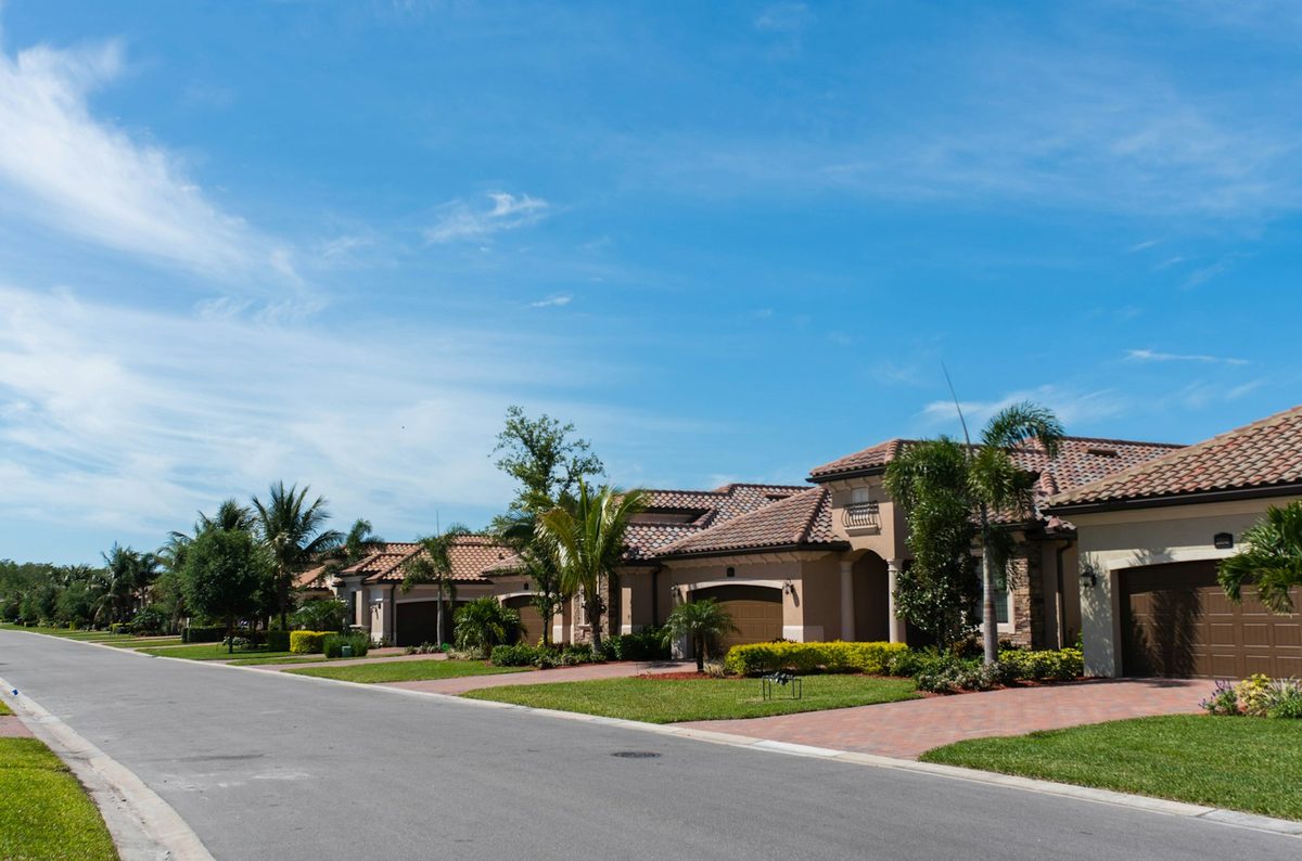 A quiet Southwest Florida residential street lined with single family homes and palm trees